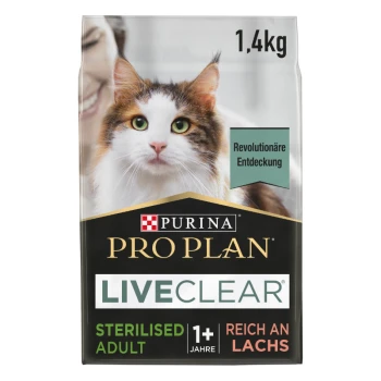 Purina Pro Plan LiveClear Katzenfutterbeutel, 1,4 kg, mit einer Nahaufnahme einer flauschigen Katze mit grünen Augen, beschriftet mit 'Sterilised Adult' und 'Reich an Lachs.'