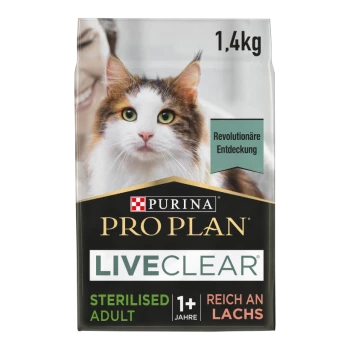 Purina Pro Plan LiveClear kattenvoer zak, 1,4 kg, met een close-up van een pluizige kat met groene ogen, gelabeld "Sterilised Adult" en "Reich an Lachs."