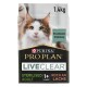 Purina Pro Plan LiveClear kattenvoer zak, 1,4 kg, met een close-up van een pluizige kat met groene ogen, gelabeld "Sterilised Adult" en "Reich an Lachs."