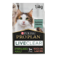 Purina Pro Plan LiveClear Katzenfutterbeutel, 1,4 kg, mit einer Nahaufnahme einer flauschigen Katze mit grünen Augen, beschriftet mit 'Sterilised Adult' und 'Reich an Lachs.'