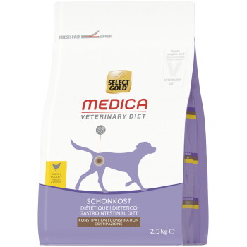 Sac de nourriture Select Gold MEDICA Veterinary Diet — formule poulet pour troubles gastro-intestinaux/constipation, 2,5 kg, silhouette de chien violette.