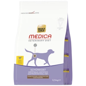 Sac de nourriture Select Gold MEDICA Veterinary Diet — formule poulet pour troubles gastro-intestinaux/constipation, 2,5 kg, silhouette de chien violette.