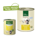 Zwei Dosen Real Nature Tiernahrung: eine größere 'Huhn mit Pute Light' und eine kleinere Dose, die ein neues Design und hochwertige Verpackung zeigt.