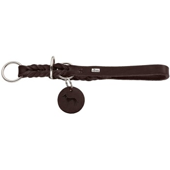 Braune geflochtene Leder-Hundeleine mit Metallringen und einem runden Anhänger mit einer Silhouette eines Hundes.