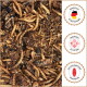 Getrocknete Mehlwürmer und Insektenstücke; Abzeichen: 'Hergestellt in Deutschland', 'Ganzjährig zu füttern', 'Aus hochwertigen Rohstoffen'.