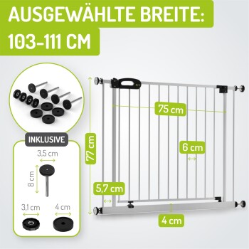 Haustiersicherheitsgitter (103-111 cm breit, 77 cm hoch) mit Komponenten. Text hebt "AUSGEWÄHLTE BREITE" und "INKLUSIVE" hervor.