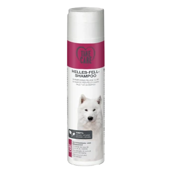 Fles 'Take Care' shampoo voor een heldere vacht voor honden, met een witte hond op het label, gemarkeerd als 100% vegan en diervriendelijk.