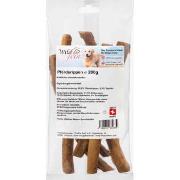 Durchsichtige Tüte mit 'Wild & fein Pferderippen' 200 g Hundekausnack, mit Bild eines Golden Retrievers und 'Swiss Made'-Label.