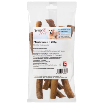 Durchsichtige Tüte mit 'Wild & fein Pferderippen' 200 g Hundekausnack, mit Bild eines Golden Retrievers und 'Swiss Made'-Label.