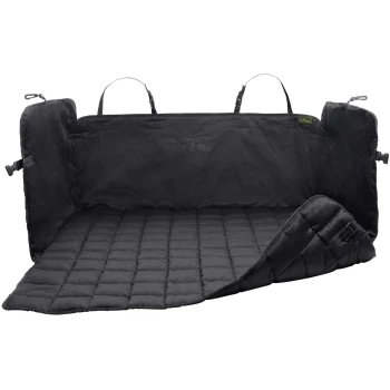 Schwarze, gesteppte Autositzabdeckung für Haustiere mit Seitenklappen und verstellbaren Riemen, mit dem Logo "HUNTER".