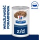Karma w puszce Hill's Prescription Diet z/d dla psów, zbliżenie na teksturę jedzenia i logo marki, z polskim tekstem "Wrażliwość Pokarmowa."