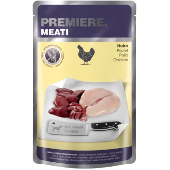 Emballage de nourriture pour chiens Premiere Meati mettant en avant des poitrines de poulet cru et du foie sur une planche à découper, avec le texte "pour les amateurs de viande" et des allégations nutritionnelles.