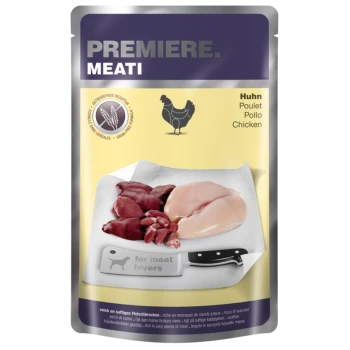 Premiere Meati dog food packaging featuring raw chicken breast and liver on a cutting board, with the text "for meat lovers" and nutritional claims.