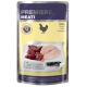 Verpackung von Premiere Meati Hundefutter mit rohen Hähnchenbrustfilets und Leber auf einem Schneidebrett, mit dem Text 'für Fleischliebhaber' und Nährwertangaben.