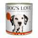 Hundefutter in Dosen von Dog's Love mit Rind, Apfel, Spinat und Zucchini; beschriftet mit '55% Rind', 'getreidefrei' und 'in Österreich hergestellt.'