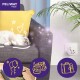 Eine entspannte Katze liegt auf einem grauen Sofa mit einem gelben Kissen, umgeben von Kritzeleien von Stressfaktoren wie Ballons und Werkzeugen.