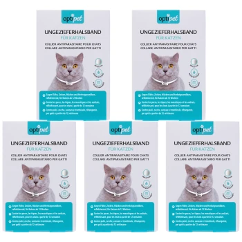 Antiparasitäre Halsband für Katzen, mit einer grauen Katze auf der Verpackung, mit Text in Deutsch, Französisch und Italienisch.