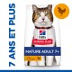 Sac de nourriture pour chat présentant un chat tigré sur le devant, étiqueté "Hill's Science Plan," "Mature Adult 7+," et "avec Poulet."