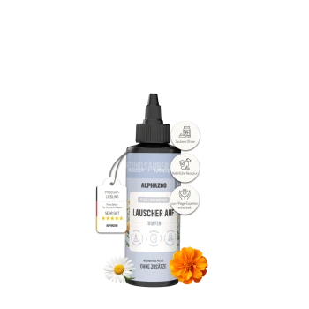 Flasche Alphazoo Ohrpflegetropfen für Hunde und Katzen mit Kamille und Ringelblume, beschriftet mit sauberen Ohren und natürlicher Formel.