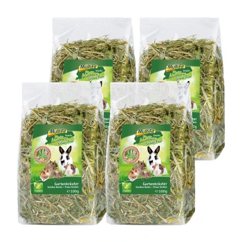 Quatre sacs de Multifit Nature Grain-Free Snacks pour petits animaux, remplis d'herbes de jardin, chacun pesant 100 g.