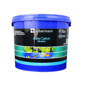 Blauer Behälter von Silbermann Aktivkohle Silverline für Aquarien, beschriftet mit 5000 ml Kapazität und aquatischen Bildern.