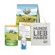 Bellfor Haustierprodukte: Hundefutterbeutel, Nierenstärkepulver, Tropfflasche und Tragetasche mit "HUNDE LIEB HABER."