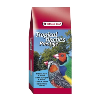 Een kleurrijke zak vogelvoer gelabeld "Tropical finches Prestige" van Versele-Laga, met afbeeldingen van levendige vinkjes op de voorkant.