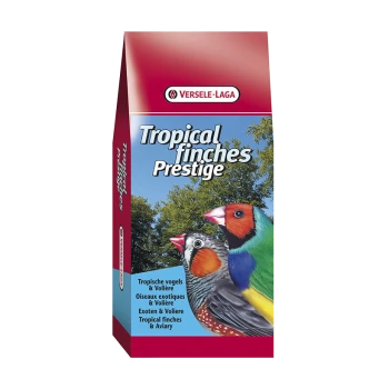 Eine bunte Tüte Vogelfutter mit der Aufschrift "Tropische Finken Prestige" von Versele-Laga, mit Bildern von lebhaften Finken auf der Vorderseite.