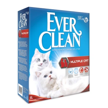 Multiple Cat Katzenstreu 6 l Ever Clean Mehrkatzenstreu, mit einer weißen Katze auf der Verpackung, hebt super premium Klumpenbildung und maximale Geruchsentfernung hervor.