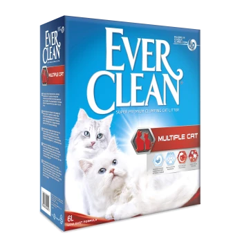 Ever Clean Mehrkatzenstreu, mit einer weißen Katze auf der Verpackung, hebt super premium Klumpenbildung und maximale Geruchsentfernung hervor.