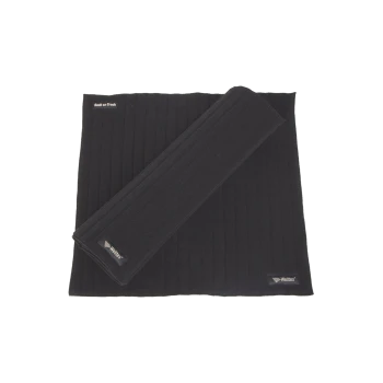 Schwarze Haustierdecke mit gerippter Textur, mit den Logos "Back on Track" und "Welltex" in den Ecken.