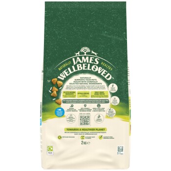 A 2 kg bag of James Wellbeloved dog food in green and beige, promoting natural ingredients and a hypoallergenic formula.