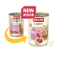 Deux boîtes de nourriture pour chat Animonda Carny Adult à la dinde et à l'agneau, montrant l'ancien et le nouveau design avec une étiquette « NOUVEAU DESIGN ».