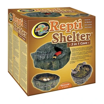 Box von Zoo Med Repti Shelter, einer 3-in-1-Höhle für Reptilien, mit Bereichen für Eiablage, Häutung und Mikroklima, beschriftet "Mittel".