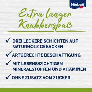 Vitakraft Produktwerbung mit dem Text: "Extra langer Knabberspaß" und Aufzählungspunkten zu Zutaten und Vorteilen, wobei kein Zuckerzusatz betont wird.