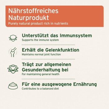 Nährstoffreiches Naturprodukt: Unterstützt das Immunsystem, erhält die Gelenkfunktion, fördert die allgemeine Gesundheit, trägt zu einer ausgewogenen Ernährung bei.