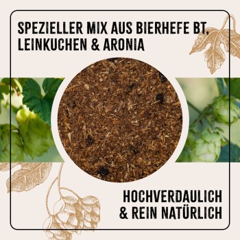 Spezialmix aus Bierhefe, Leinkuchen und Aronia, hochverdaulich und rein natürlich, mit einer runden, braunen Mischung im Zentrum.