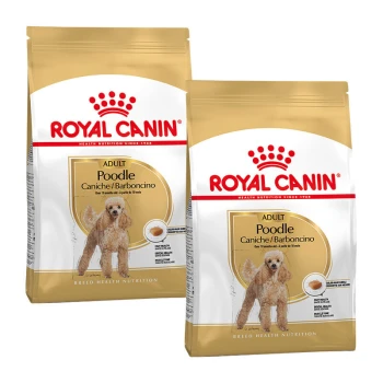 Zwei Beutel Royal Canin Adult Pudel Hundefutter, die ein goldenes Farbschema und Pudelbilder mit rassespezifischen Ernährungsdetails zeigen.