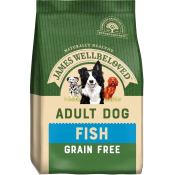 A bag of James Wellbeloved Adult Dog food labeled "FISH" and "GRAIN FREE," featuring a border collie and two other dogs.