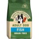 A bag of James Wellbeloved Adult Dog food labeled "FISH" and "GRAIN FREE," featuring a border collie and two other dogs.