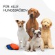 Vier Hunde verschiedener Rassen mit einem Textüberlagerung "FÜR ALLE HUNDEGRÖßEN" und bunten Frisbees im Vordergrund.