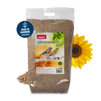 PANTO Premium Sonnenblumenkerne geschält Vogelfutterpaket mit drei Vögeln auf der Vorderseite, mit Text, der die Eignung für ganzjährige Fütterung hervorhebt.