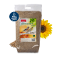 PANTO Premium Sonnenblumenkerne geschält Vogelfutterpaket mit drei Vögeln auf der Vorderseite, mit Text, der die Eignung für ganzjährige Fütterung hervorhebt.