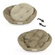 Ein wendbares Haustierbett von Doctor Bark, mit einem plüschigen beige- und braunfarbenen Design und gepolsterten Kissen, ideal für den Komfort von Haustieren.
