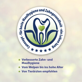Rundes Tierzahnpflege-Logo: stilisierter Zahn mit grünem Herz; deutscher Text 'Conasept' und 'Verbesserte Zahn- und Maulhygiene'.