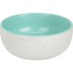 Een lichtgekleurde huisdierenvoer kom met een gespikkelde witte buitenkant en een gladde turquoise binnenkant, met een modern ontwerp.