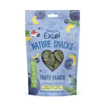 Burgess Excel Nature Snacks Fruity Feasts packaging with green heart-shaped banana and blueberry treats for rabbits and guinea pigs.