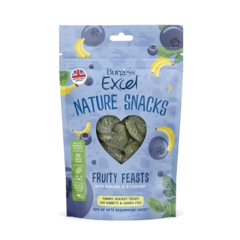 Burgess Excel Nature Snacks Fruity Feasts packaging with green heart-shaped banana and blueberry treats for rabbits and guinea pigs.