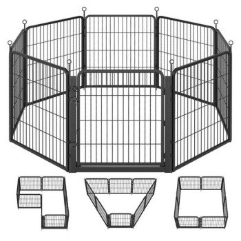Schwarzer Metall-Auslauf mit 8 Paneelen, Fronttor und Riegel, gezeigt in Achteck-Anordnung und drei alternativen Konfigurationen.