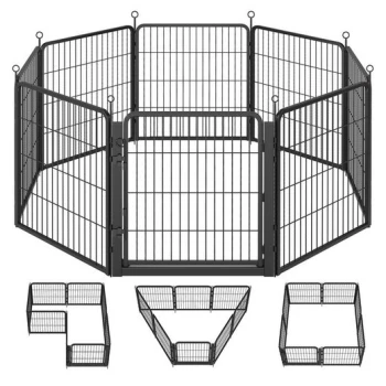 Schwarzer Metall-Auslauf mit 8 Paneelen, Fronttor und Riegel, gezeigt in Achteck-Anordnung und drei alternativen Konfigurationen.